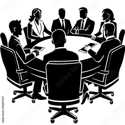 Black silhouette of a business meeting with seven people sitting around a round table group team