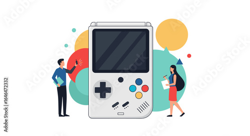 Retro gaming console experience with colorful abstract shapes and people interacting with technology