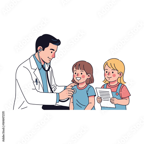 Smiling pediatrician checking child's heartbeat with assistant in modern clinic setting vector illustration