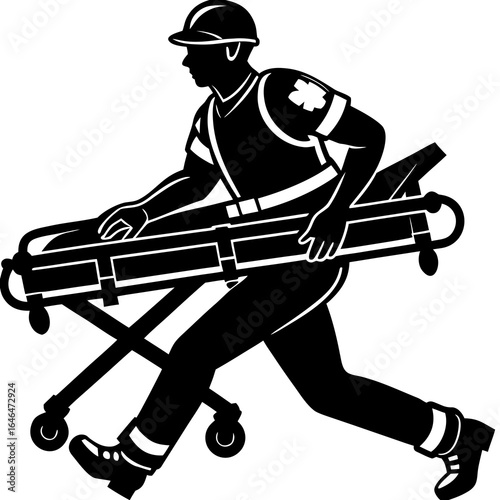 Silhouette of Paramedic Running with Stretcher on White Background emergency medical