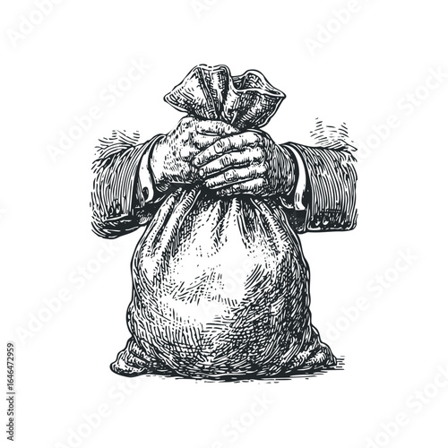 Person clutching a tied sack with hands