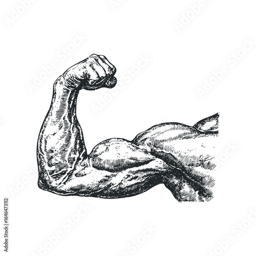 Man flexing bicep arm in vintage sketch style
