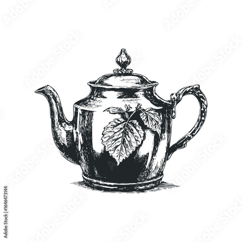 Detailed sketch of vintage metal teapot with leaf motif