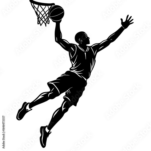 Black silhouette of a basketball player dunking a ball into a hoop sport athlete