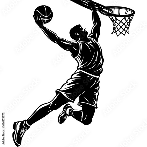 Dynamic silhouette of a basketball player performing a slam dunk with the ball sport athlete