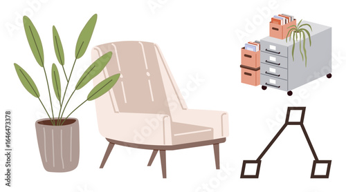 Armchair, leafy plant, file cabinet with books, minimalist decor. Ideal for workspace, organization, design, comfort productivity interior modern aesthetics. Simple flat metaphor