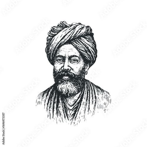 Line drawing portrait of an Indian man wearing a turban and beard