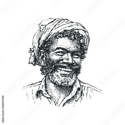 Joyful Indian Farmer with Turban and Beard in Sketch Style