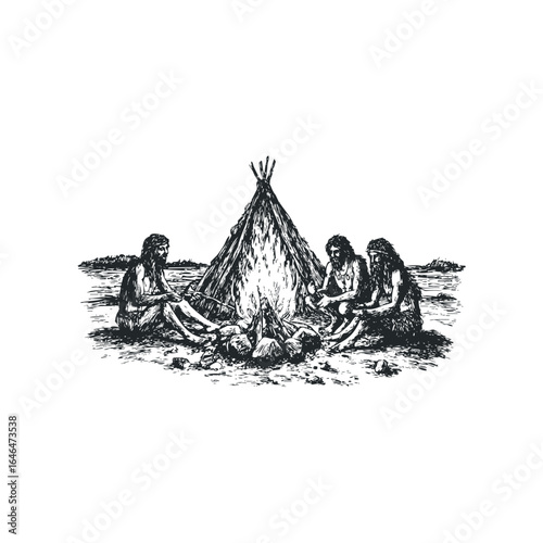 Prehistoric people gathered around a tribal fire pit outside a conical dwelling at night