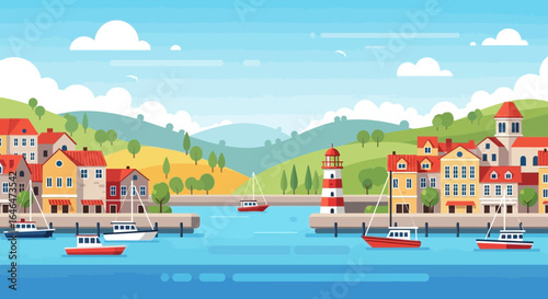 Picturesque Coastal Town Vector Illustration with Boats and Lighthouse