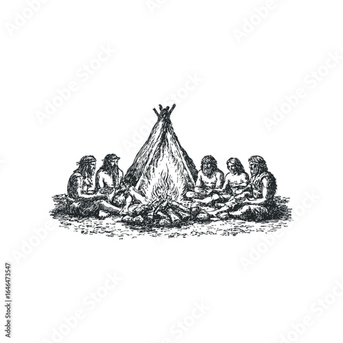 Primitive people gathered around a campfire near a cone-shaped dwelling