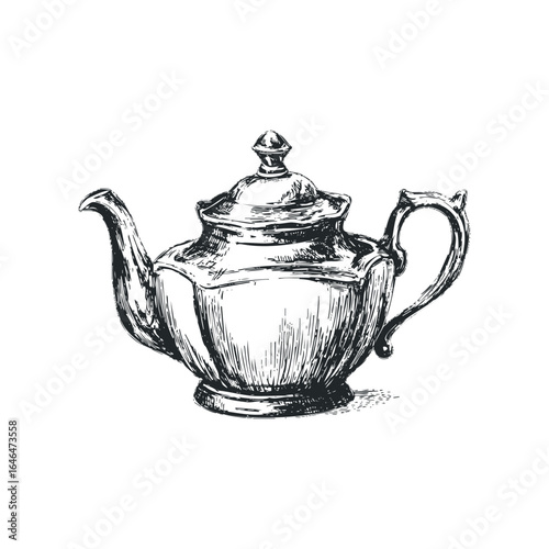 Ornate Metal Teapot Drawing on White Background
