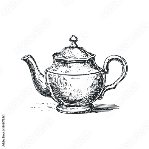 Sketch of an ornate vintage teapot with handle and spout