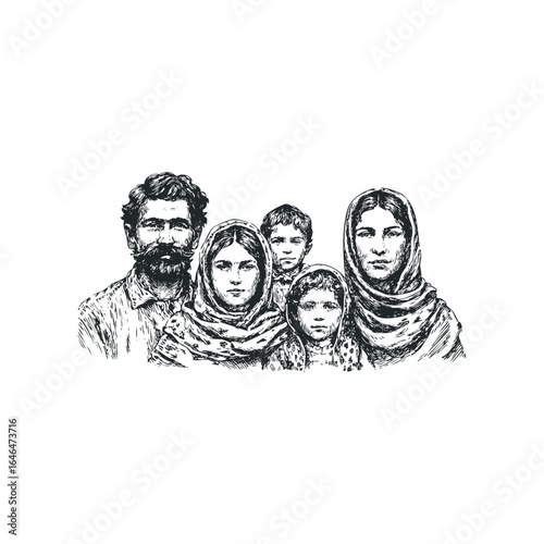 Pen and ink sketch of a diverse family of five with traditional head coverings