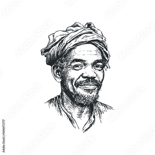 Sketch of a smiling Black man wearing a head wrap and beard