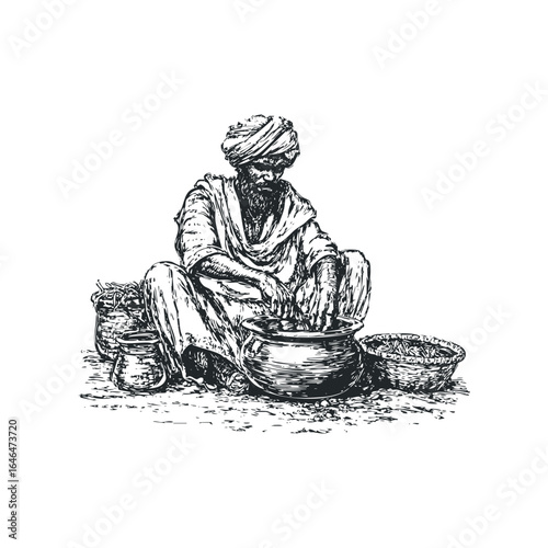Elderly Indian man with a turban and beard prepares ingredients in a pot