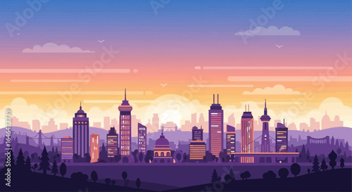 Serene city twilight vector illustration with skyscrapers silhouette