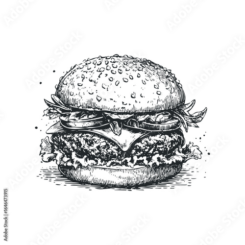 Hand drawn sketch of a loaded hamburger with sesame seed bun and fresh ingredients