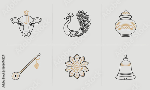 Minimal line art krishna janmashtami icons featuring cow, peacock, pot, flute, and shankh with devotional theme