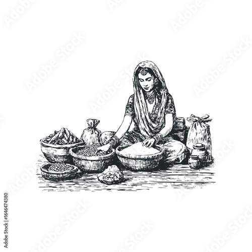 Indian Woman Selling Spices from Baskets and Sacks