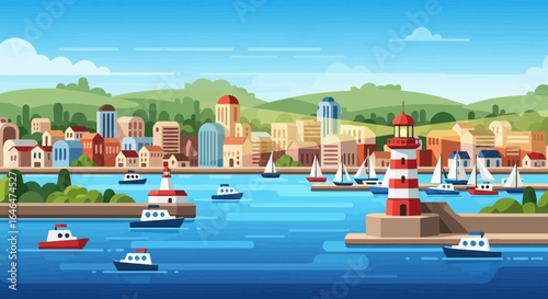 Vibrant coastal town vector illustration with lighthouse and boats scenery