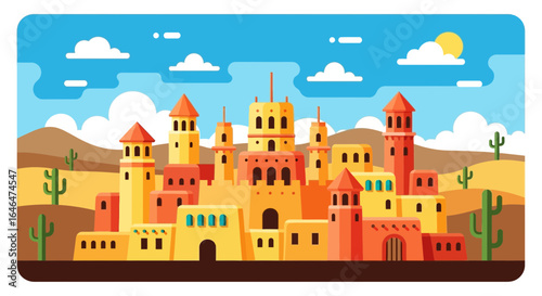 Vibrant desert city illustration under a bright sunny sky concept