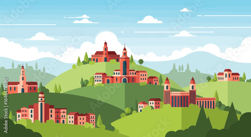 Vibrant Italian Landscape with Towering Structures and Rolling Hills