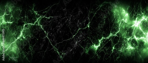 Abstract green lightning cracks on black marble background