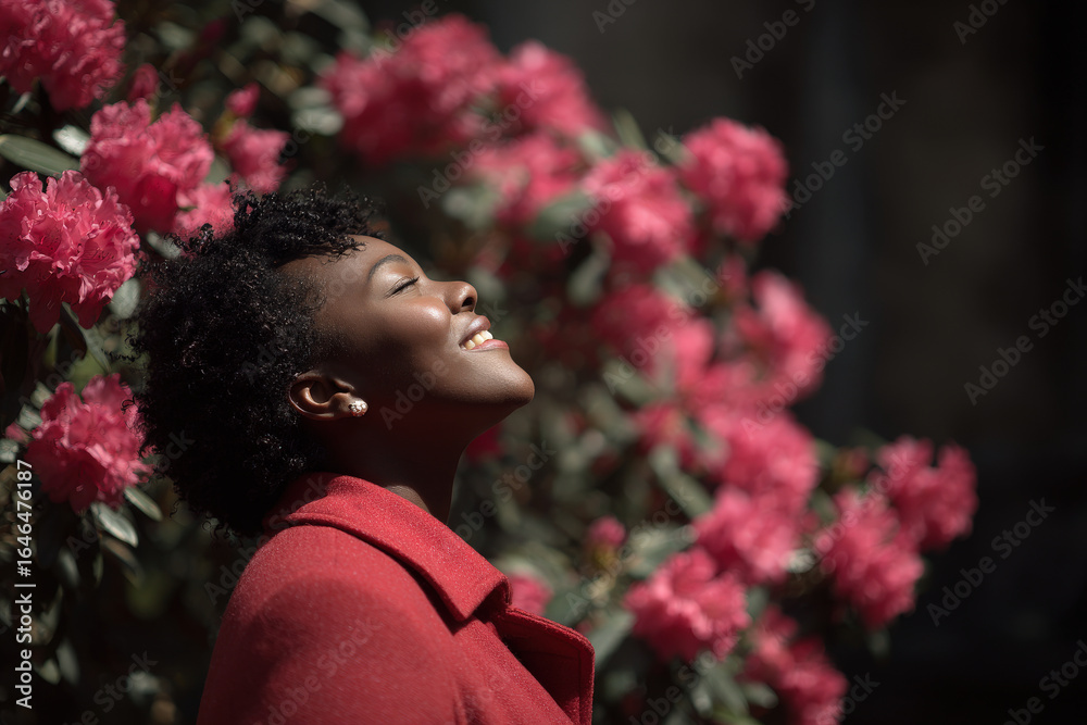 Fototapeta premium woman steps outside in radiant red coat her face beaming with joy as she embraces beauty of life