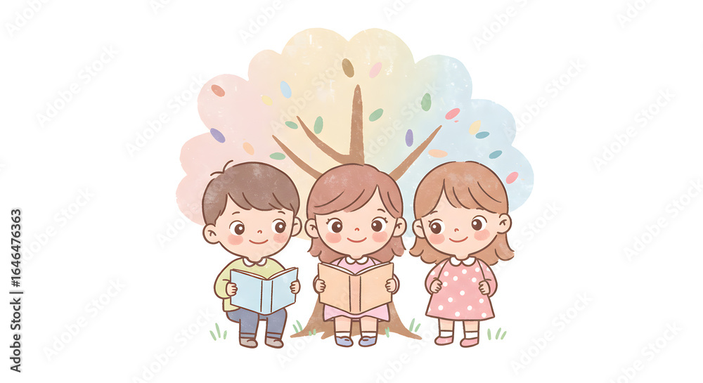 Adorable illustration depicting three cheerful children engrossed in reading under a vibrant, whimsical tree, symbolizing early childhood education and the joy of learning together