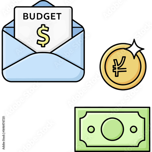 Budget Planning Icons of Finance, Money, and Expenses