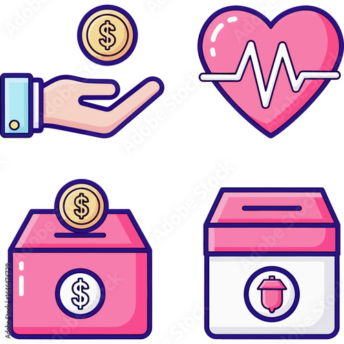Charity Donations Hand Offering Money, Heart Health, and Donation Boxes