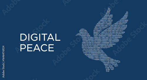 DIGITAL PEACE. Dove symbol made of binary code on a blue background. Concept of online safety, cybersecurity, and global harmony in the digital age.
