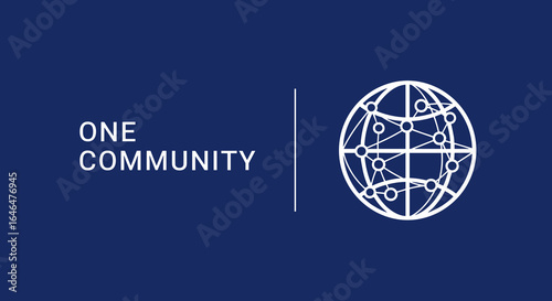 ONE COMMUNITY logo with global network icon. Concept of unity, connection, and worldwide collaboration on a blue background.