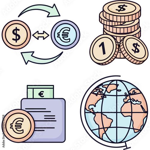 Financial Icons Currency Exchange, Coin Stacks, World Globe, and Money Transfer Illustrations