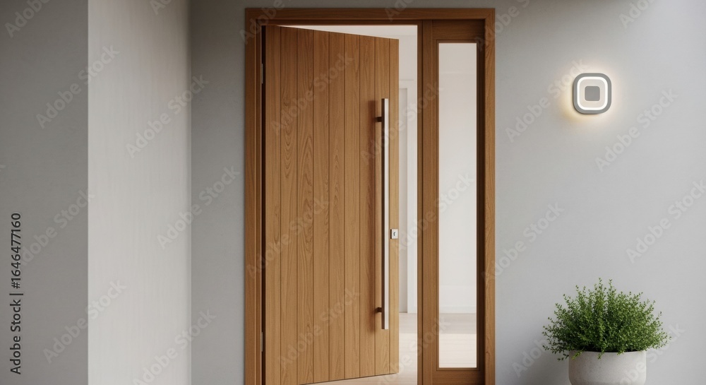 Fototapeta premium Minimalist wooden front door with modern wall light and potted plant.