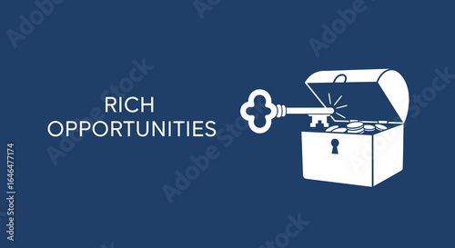 RICH OPPORTUNITIES. Illustration of a key unlocking a treasure chest full of gold coins. Concept for success, wealth, investment, and finding potential.