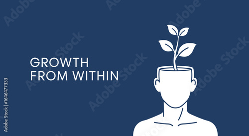 Growth from within. Conceptual illustration of personal development, mindset, and self improvement with a plant growing from a human head.
