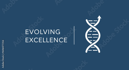 Evolving Excellence. DNA helix with upward arrow symbolizing growth, progress, and genetic improvement. Business development and scientific innovation concept.