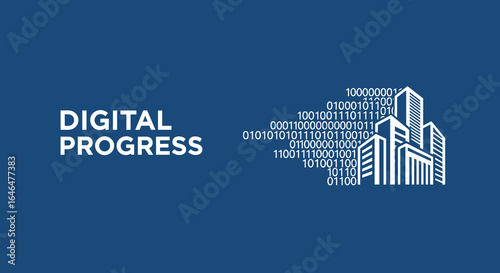 Digital Progress concept with binary code flowing into a cityscape. Vector illustration of a smart city, technology, and data transformation.