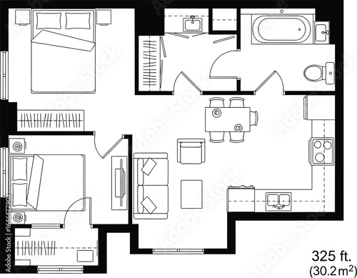 Detailed architectural floor plan of a modern two bedroom apartment layout with living dining and kitchen areas