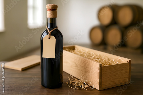 A bottle of elite wine stands on a table with a paper label on a burlap thread, next to it stands a wine box with natural filling. Against the background of wooden wine barrels.

