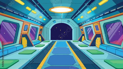 Futuristic space station corridor with starry view