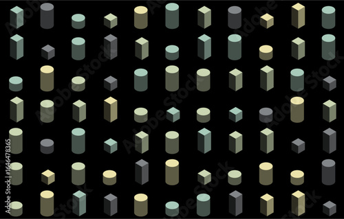 Isometric shapes pattern featuring cubes cylinders and rectangular prisms in pastel colors on a white background