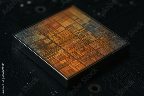 Microprocessor in a cross-section of silicon crystal horizontally so that the microarchitecture is visible. Against the background of a black textolite plate.
