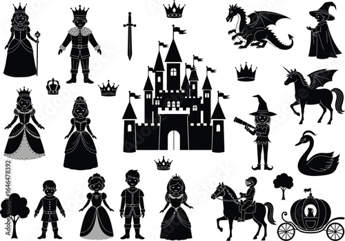 Collection of fairytale silhouettes including a castle princess prince dragon knight horse carriage and swan