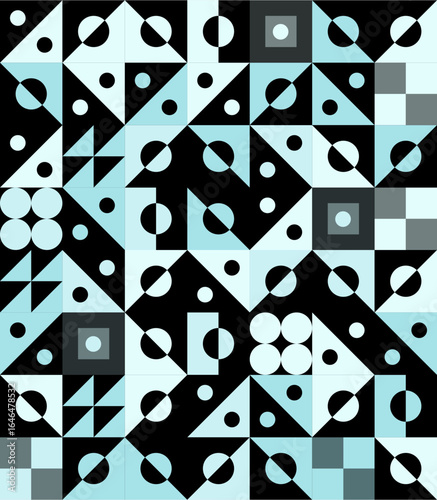 Geometric pattern with triangles circles and squares in light blue and white creating a mosaic design