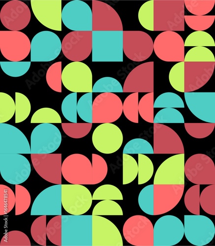 Geometric pattern with circles, semicircles, and squares in red, green, and blue colors on white