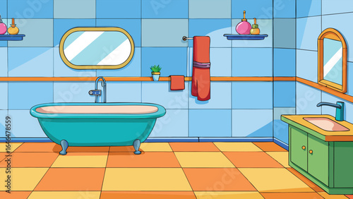 Turquoise bathtub sink mirror towel rack shelves bathroom