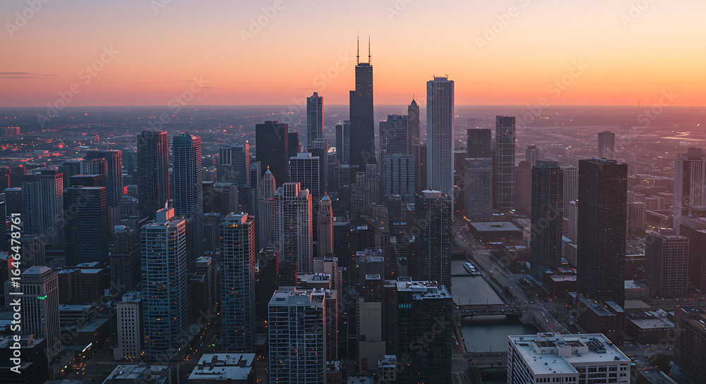 Fototapeta premium Chicago Skyline with Peach and Light Purple Sunset 3D Cityscape for Modern Wallpapers